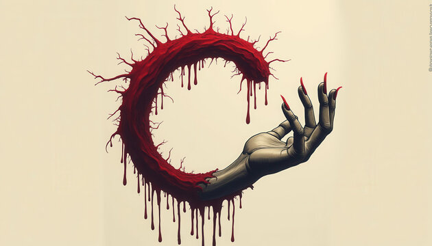 Artistic representation of hand with dripping red paint creating letter C  