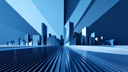 Blue abstract cityscape with geometric buildings