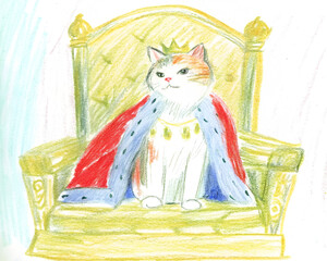 Regal calico cat on golden throne with crown and royal mantle