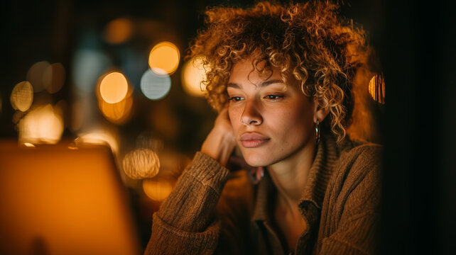 Young woman focused on laptop in cozy indoor setting
