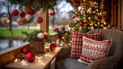 A cozy living area features a vibrant red sofa adorned with soft pillows, surrounded by green pine branches and lush indoor plants