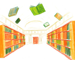 Whimsical crayon drawing of colorful books floating in library