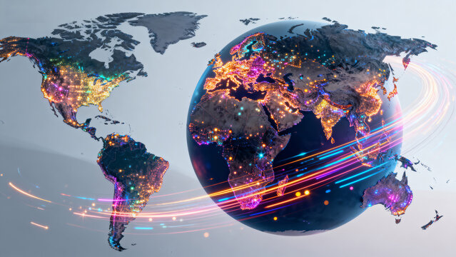 Globe with illuminated cities and light trails