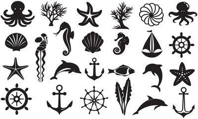 Marine Silhouette Vector Bundle | Sea Creatures, Nautical Icons & Ocean Clipart Set ,