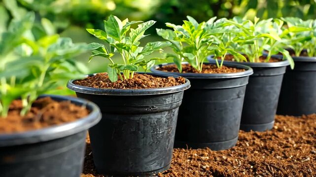 Row of young green plants growing in black pots on a bed of soil