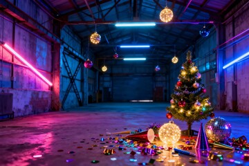 New Year and Christmas neon-lit warehouse interior with LED lights, glowing ornaments, small Christmas tree, confetti, and party accessories, industrial urban festive atmosphere, vibrant stock photo c