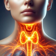 Glowing human thyroid gland and neck anatomy medical illustration