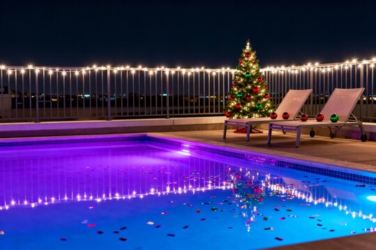 Christmas rooftop pool at night with LED string lights, small decorated tree by lounge chairs, neon reflections in water, scattered confetti, vibrant minimal composition, high-quality stock-ready scen - Powered by Adobe