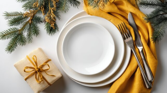 Elegant table setting features white plates, shiny silverware, and a soft yellow cloth, complemented by holiday greenery and a gift