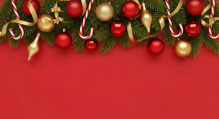 A festive Christmas border with fir branches, red and gold baubles, candy canes, and gold ribbons on a vibrant red background.