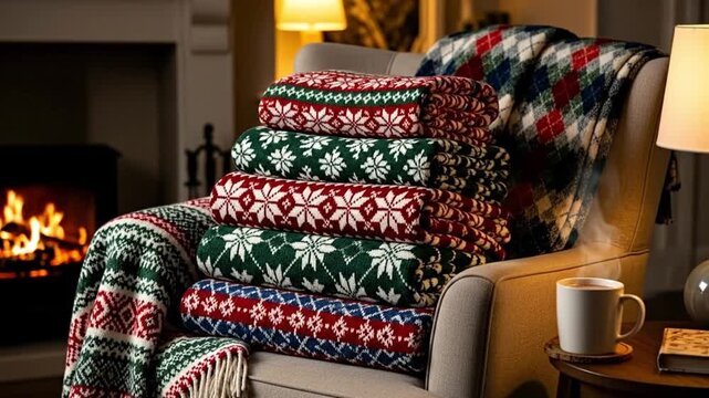 Cozy stack of festive blankets on an armchair by a fireplace with a steaming mug.