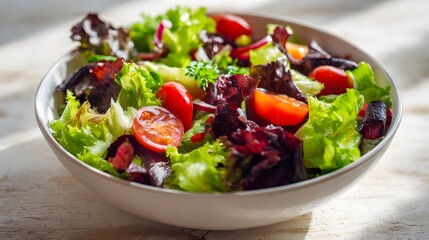Fresh mixed green salad with cherry tomatoes served in a white bowl under bright natural lighting