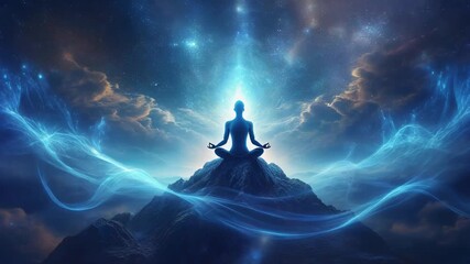 A silhouette meditates on a mountain peak, bathed in ethereal blue light, symbolizing spiritual awakening and cosmic connection. - Powered by Adobe