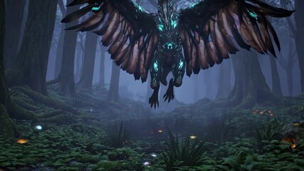 A mystical forest scene with a winged creature. Low-angle shot enhances the ethereal atmosphere, perfect for a fantasy video backdrop. Live desktop wallpaper. - Powered by Adobe