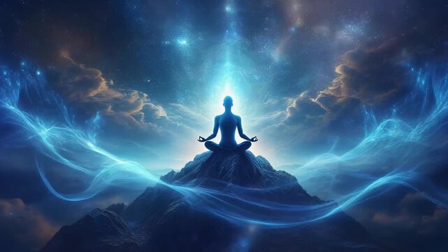A silhouette meditates on a mountain peak, bathed in ethereal blue light, symbolizing spiritual awakening and cosmic connection. - Powered by Adobe