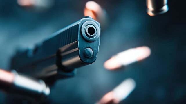 Close-up view of a handgun pointing towards the viewer, with blurred bullets in flight