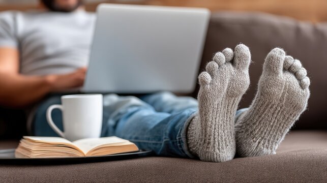 A man sits comfortably on a couch, working on his laptop while sipping a warm drink, dressed in cozy socks during a peaceful afternoon