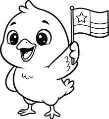 Cute baby chick holding a flag coloring page – adorable cartoon bird illustration for kids, patriotic animal line art for coloring books and printable designs