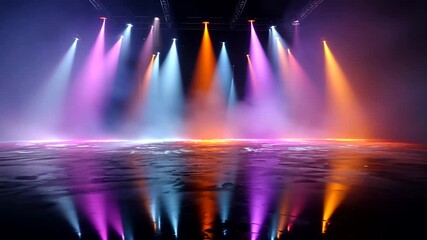 A stage with various colored spotlights illuminating a reflective floor, creating a colorful scene