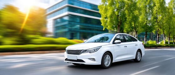 A white vehicle is parked in the foreground, showcasing its tire, while another car drives in the background on a sunny day