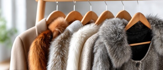 A variety of fur coats are neatly hung on a rack, displaying different shades and styles ideal for cold weather fashion