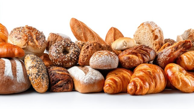 A tempting array of bread types showcases crusty loaves and soft rolls, all perfectly baked and arranged for enjoyment