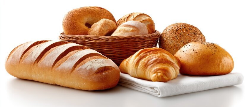 A tempting array of bread types showcases crusty loaves and soft rolls, all perfectly baked and arranged for enjoyment