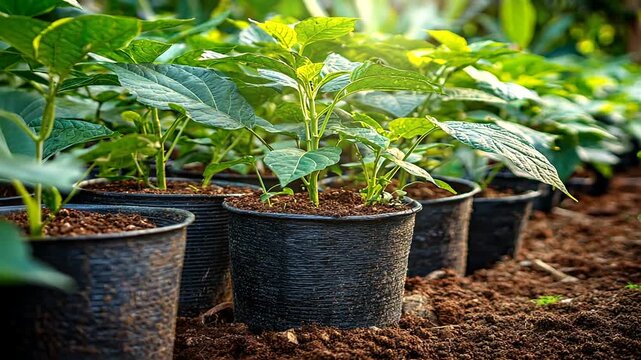 Rows of potted seedlings with vibrant green leaves grow in rich soil