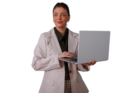 Confident businesswoman smiling, working online, holding laptop, managing business, transparent background - Powered by Adobe