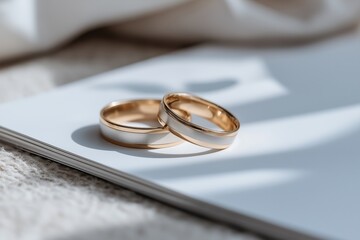 Simple gold bands resting on open book pages, showcasing elegance and romance with heart shape topaz accents in a serene setting