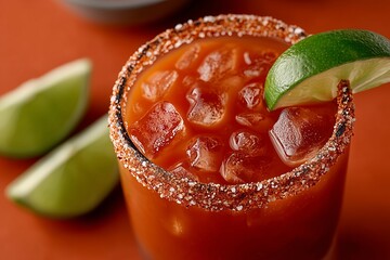Spicy michelada cocktail with ice and lime garnish, featuring condensation on glass against a vibrant summer background, perfect for refreshing moments