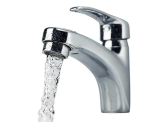 Modern Chrome Water Faucet with Running Clean Water Isolated on White