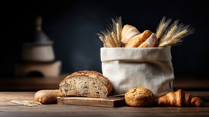 Artisanal breads of various shapes and textures are showcased in fabric bags alongside grains on a rustic wooden table