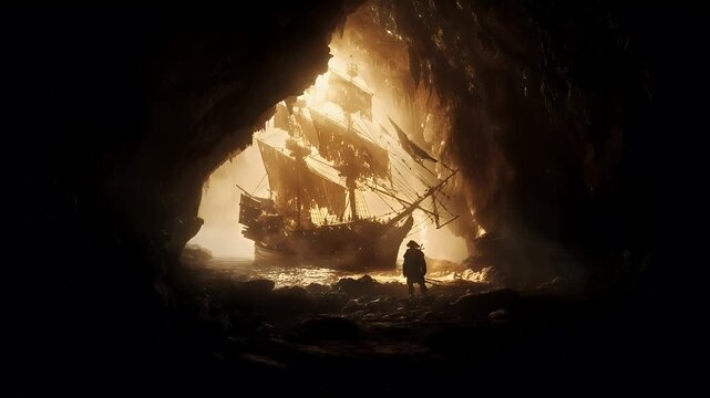 A vivid portrayal of a ship emerging from a cavernous landscape. The ships sails billow with the wind, and its hull is a mix of dark and light hues. The surrounding environment is rugged.