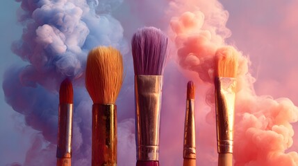 Assortment of paintbrushes stands ready against a dramatic backdrop of contrasting blue and pink colored smoke