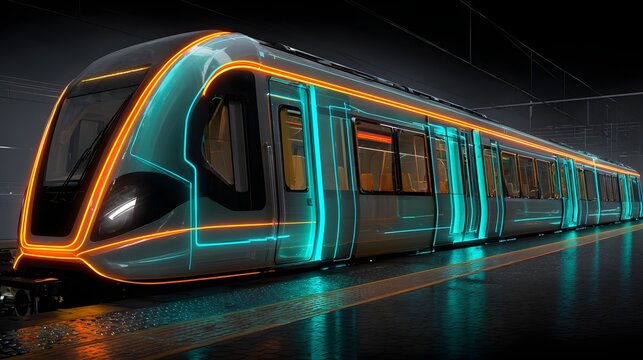 Modern mass transit vehicle illuminates dark station platform with futuristic glowing accents