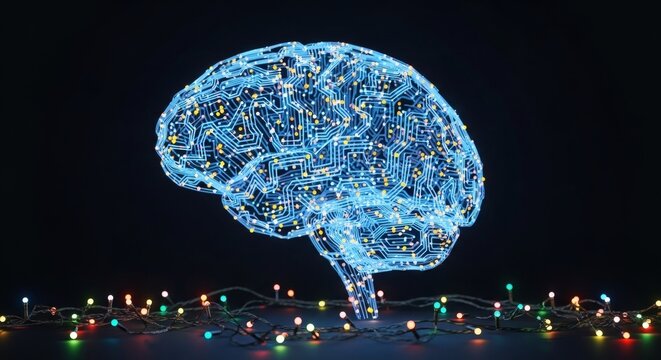 Digital brain with glowing circuits and colorful lights on a dark background, representing artificial intelligence and technology