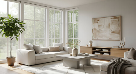 Contemporary design meets luxury in this bright, modern living room with a fireplace, featuring a comfortable sofa, sleek furniture, and large window