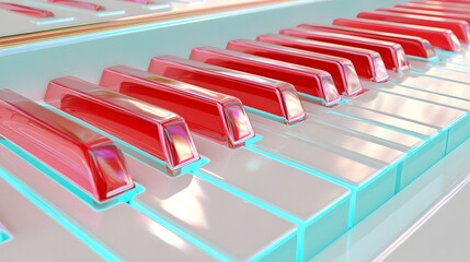 Rows of polished, high-gloss, red and white keyboard keys glow with internal light