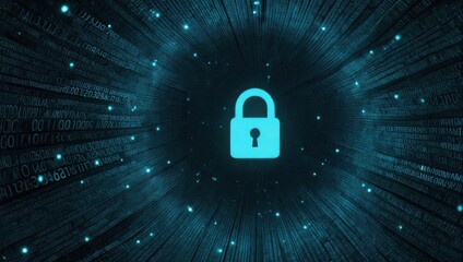 A glowing blue padlock against a backdrop of binary code, suggesting digital security
