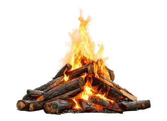 Burning Campfire with Flaming Wooden Logs Isolated on White