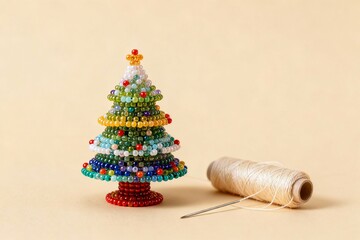 Christmas tree crafted from tiny multicolored beads with needle and thread on light beige background, luxury kids art holiday concept, soft studio lighting, sharp focus, copyspace for festive, craft,