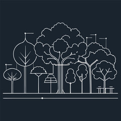 Architectural Drawings, Minimal style cad tree line drawing, Side view, set of section wetland forest outline for landscape design drawing. Vector illustration in seperate element