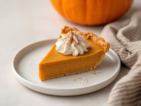 A slice of pumpkin pie with whipped cream and cinnamon on a white plate. Autumn scene with a pumpkin.