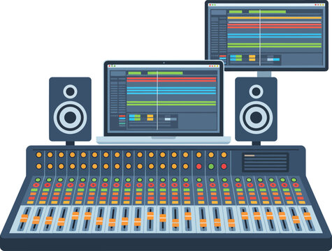 Digital audio workstation setup featuring mixing console and production software for music creation