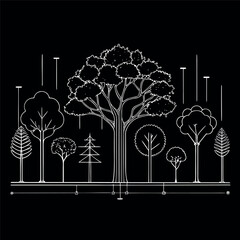 Architectural Drawings, Minimal style cad tree line drawing, Side view, set of section wetland forest outline for landscape design drawing. Vector illustration in seperate element