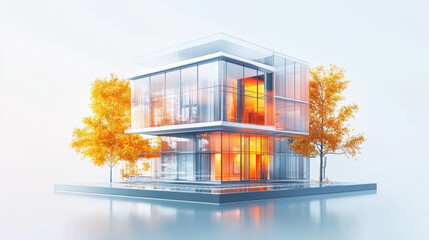 Modern architectural model of a contemporary office building with trees and sunlight. architectural model showcases a modern office building with glass windows and a minimalist design.