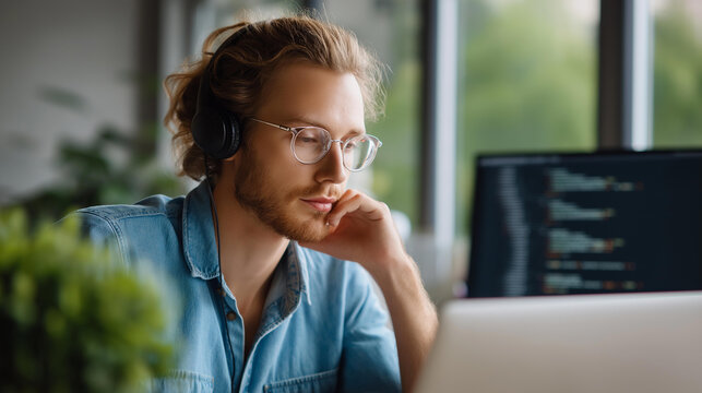 Developer coding scripts in a bright office, tech innovation in cybersecurity, coding culture in focused work, software solutions in script analysis, secure programming , World Cod