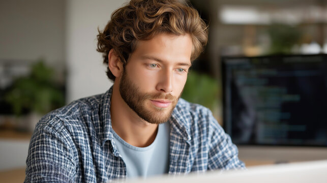 Developer coding scripts in a bright office, tech innovation in cybersecurity, coding culture in focused work, software solutions in script analysis, secure programming , World Cod