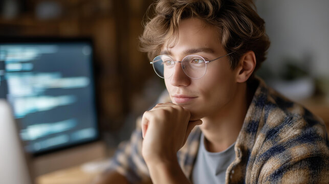 Young AI engineer coding on a computer, tech innovation in big data, coding culture in innovative projects, software solutions in blockchain tech, AI development , World Coding Day
